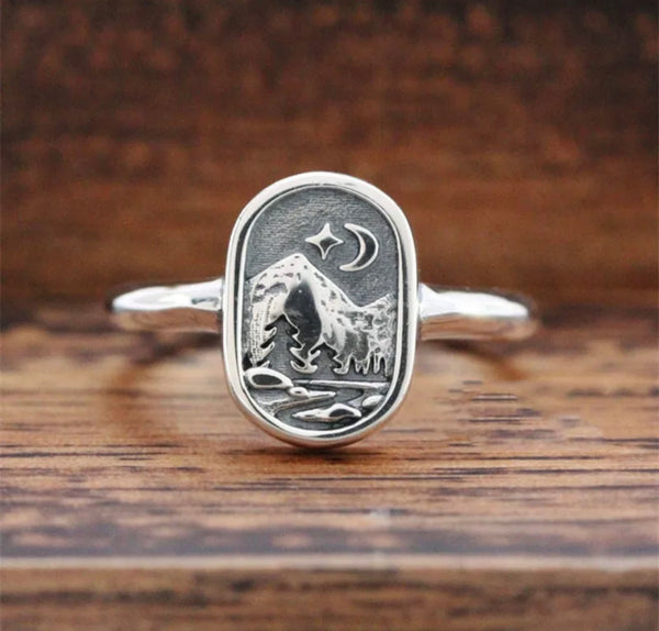 Bohemia Style Texture Mountain Forest River Star Moon Ring. Size 8.