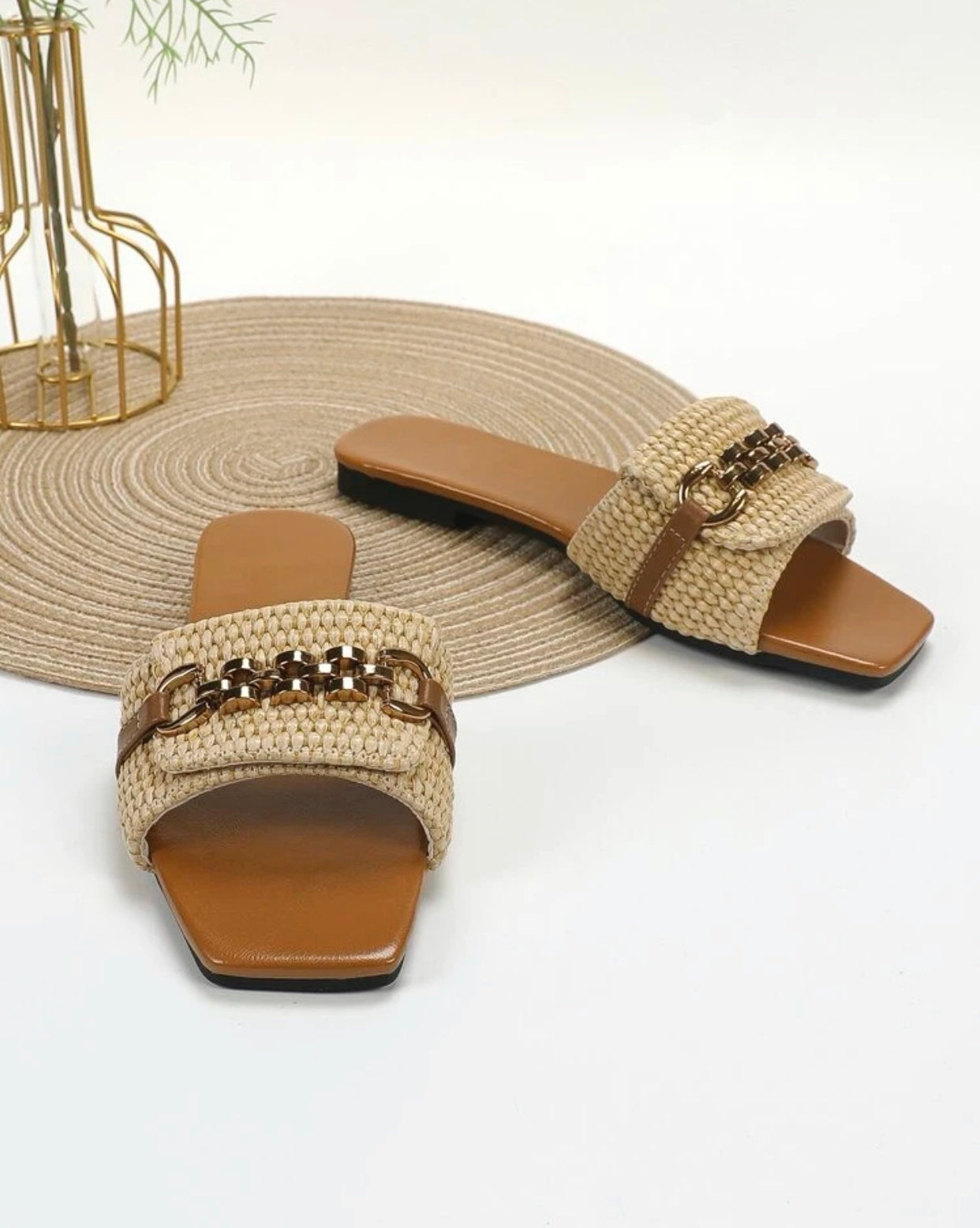Chain decor braided detail slide sandals