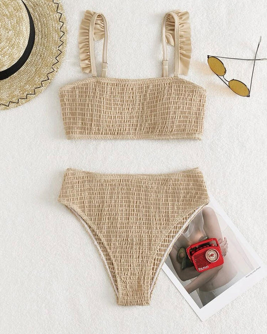 Solid smocked frill trim bikini swimsuit