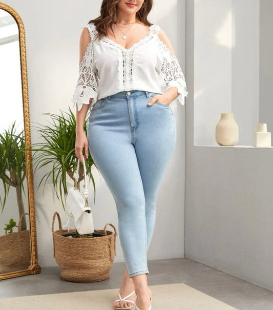 Plus guipure lace insert cold shoulder blouse