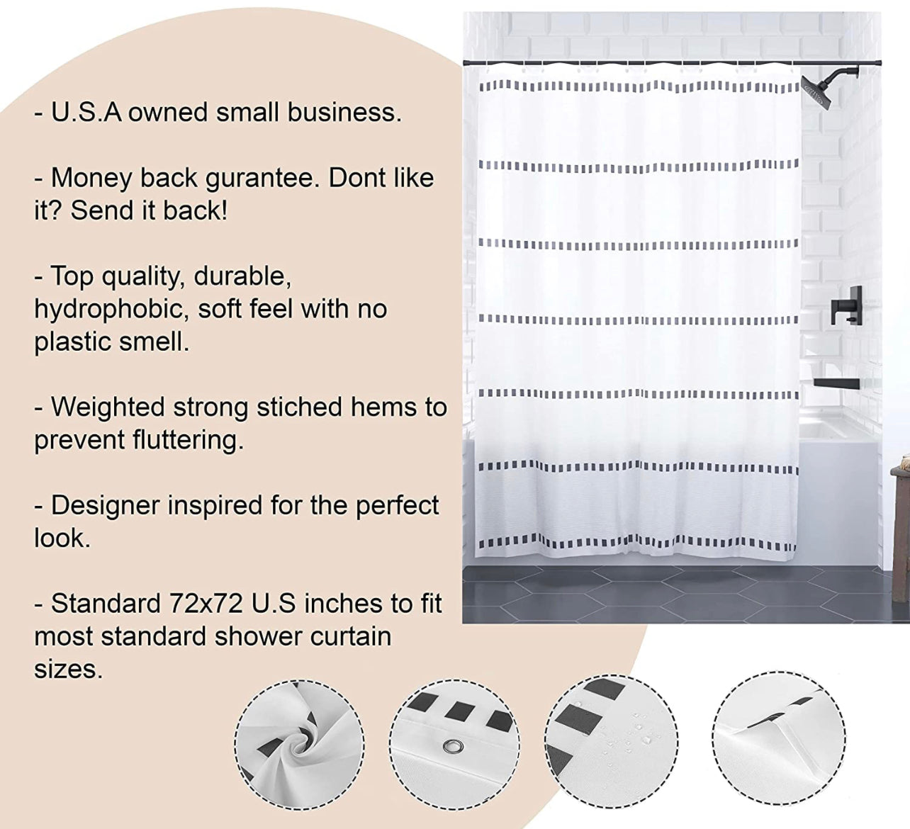 White Shower Curtain for Bathroom Shower Curtains, Shower Curtain Hooks Included, Size 72x72 Boho Shower Curtains