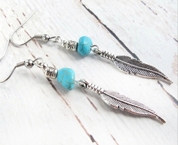 Rustic feather, turquoise decor dangle earrings