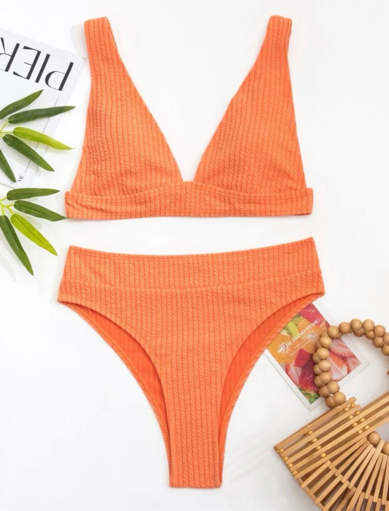 Solid high waisted bikini swimsuit