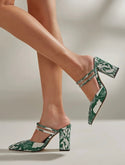 Vegan Snakeskin embossed point toe chunky heeled mules