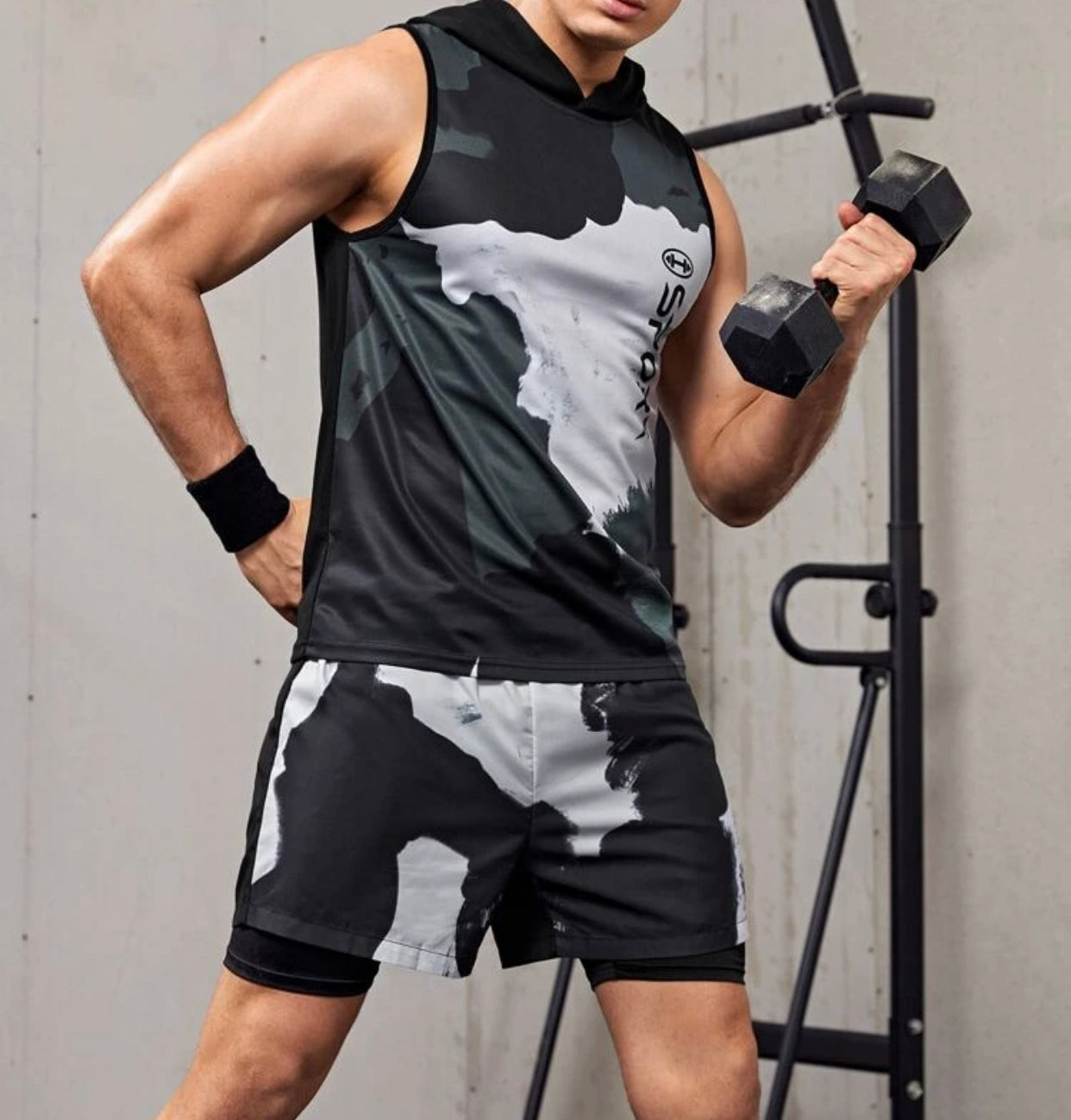 Men’s letter graphic hooded sports tank top with shorts