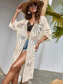 Beige sheer embroidered mesh tie front kimono