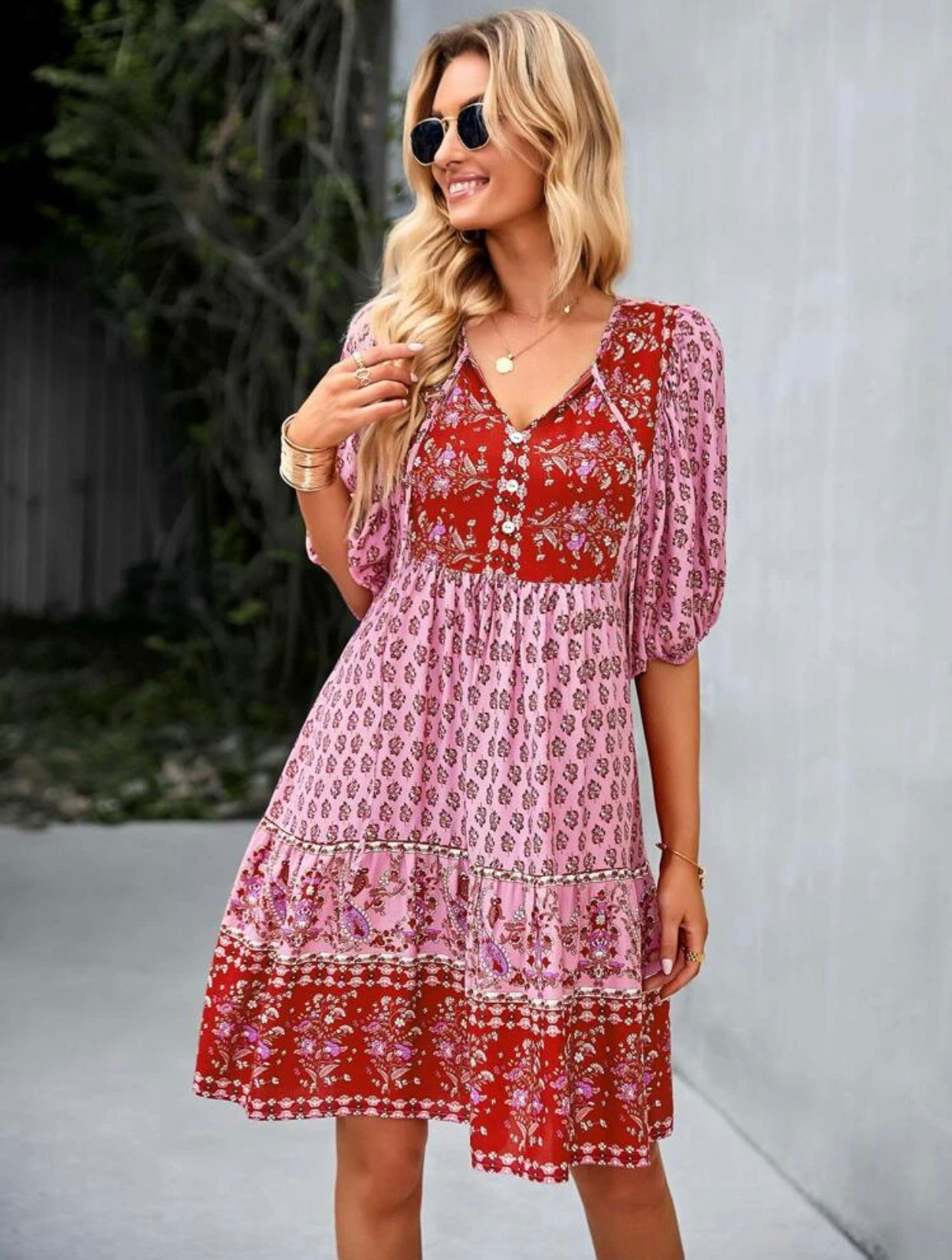 Paisley & floral print tie neck ruffle hem dress