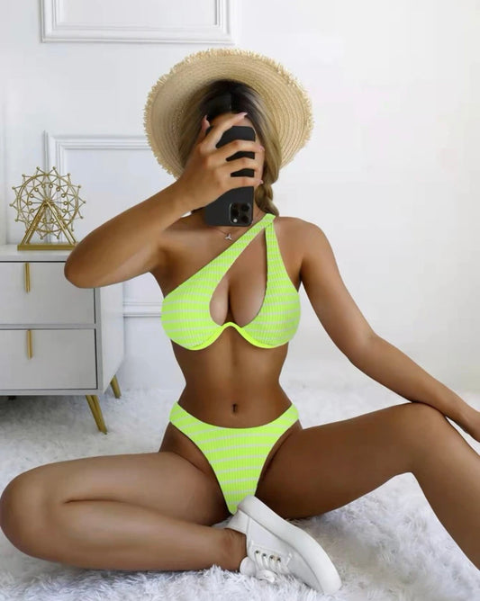 Striped one shoulder underwire high cut bikini swimsuit