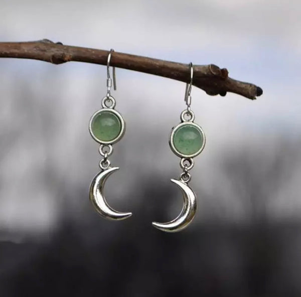 Trendy Green Stone Moon Pendant Earrings