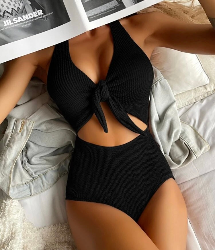 Textured cut-out halter one piece swimsuit