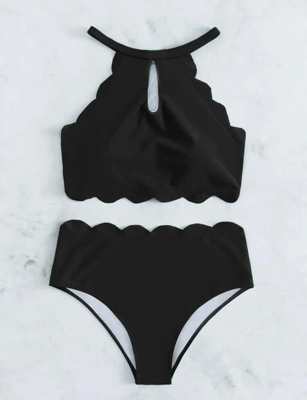 Scallop trim high waist bikini swimsuit