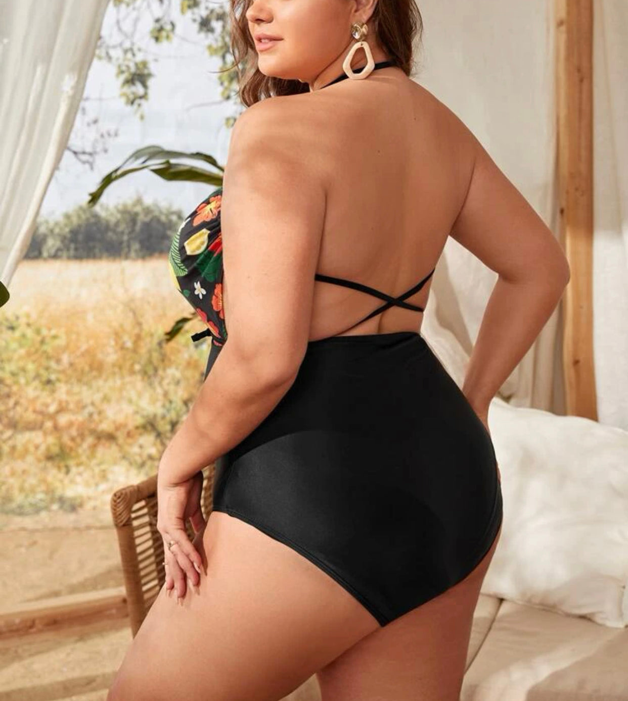 Curve and plus floral print cross back one piece swimsuit