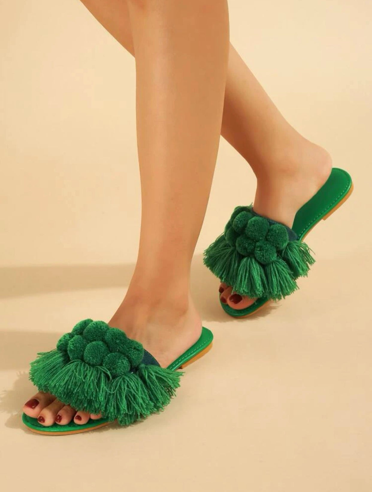 Green tassel & Pom Pom decor slide sandals