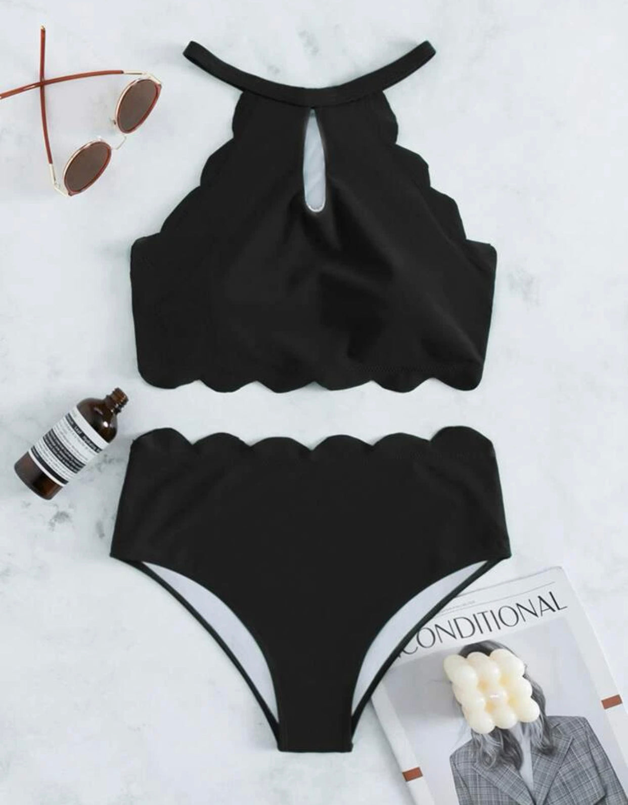 Scallop trim high waist bikini swimsuit