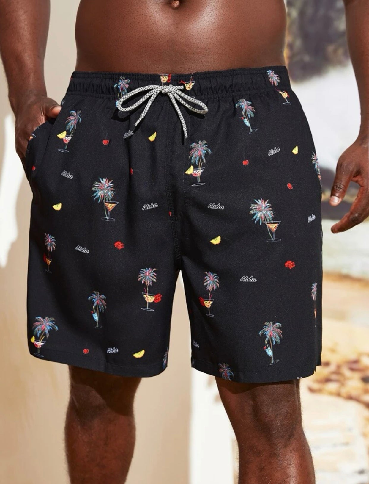 Men’s extended size random print palm tree & letter graphic drawstring waist swim trunks