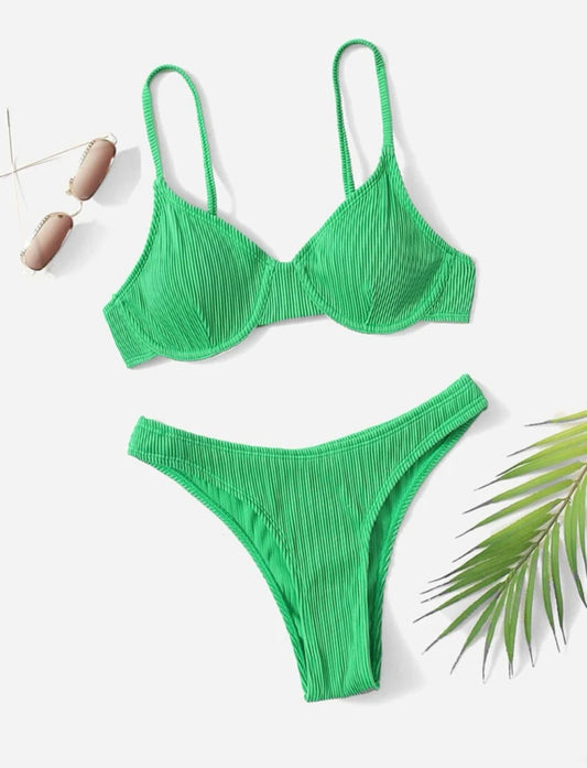 Green rib underwire high cut bikini swimsuit
