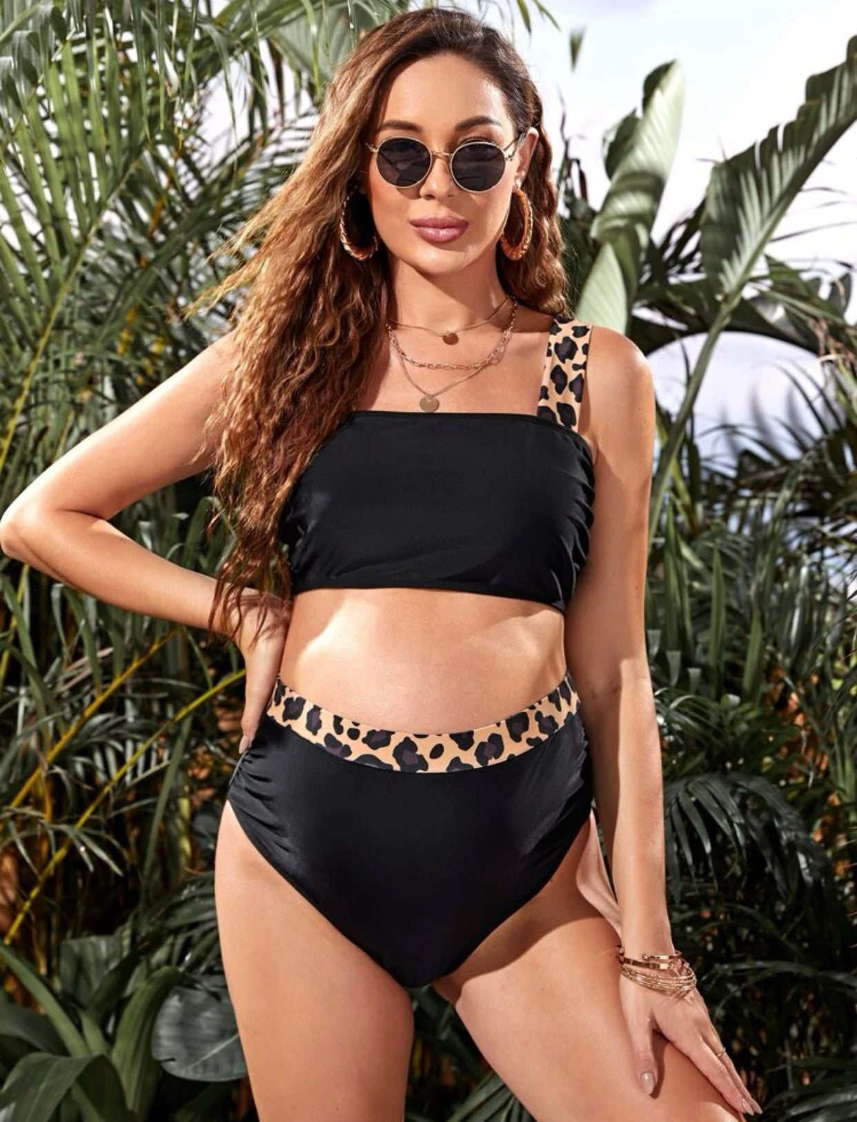 Maternity leopard pattern high waisted bikini swimsuit