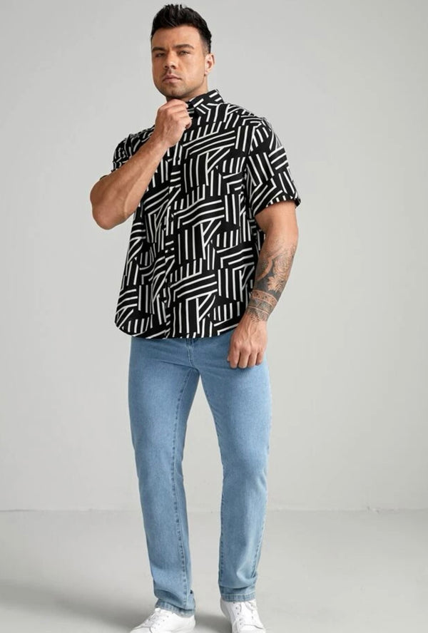 Extended sizes men random striped print shirt