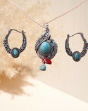 Turquoise and coral inspired Stone decor hoop earrings and necklace