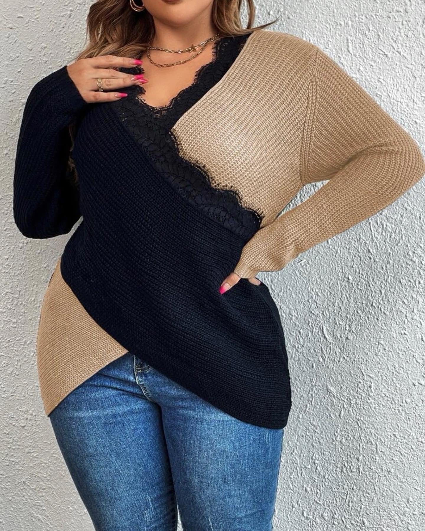 Curve & plus two tone eyelash lace panel drop shoulder crossover sweater