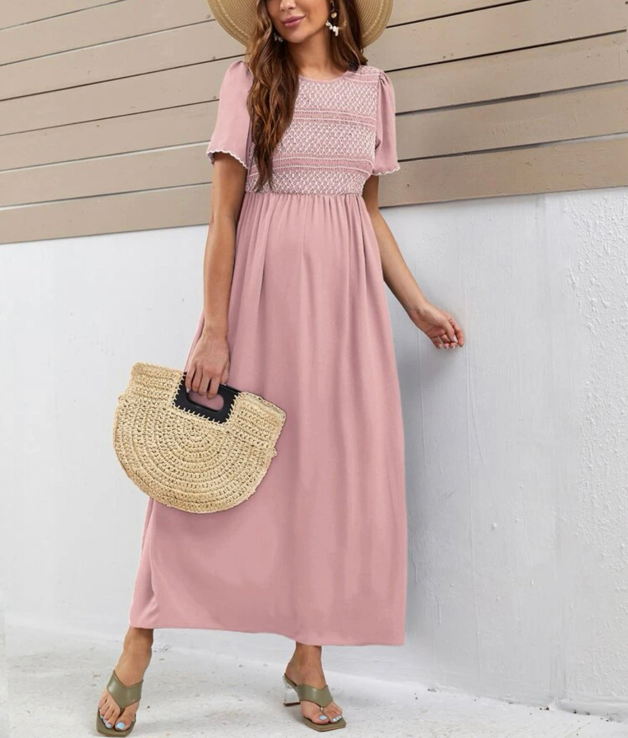 Maternity keyhole back wavy sleeve edge dress