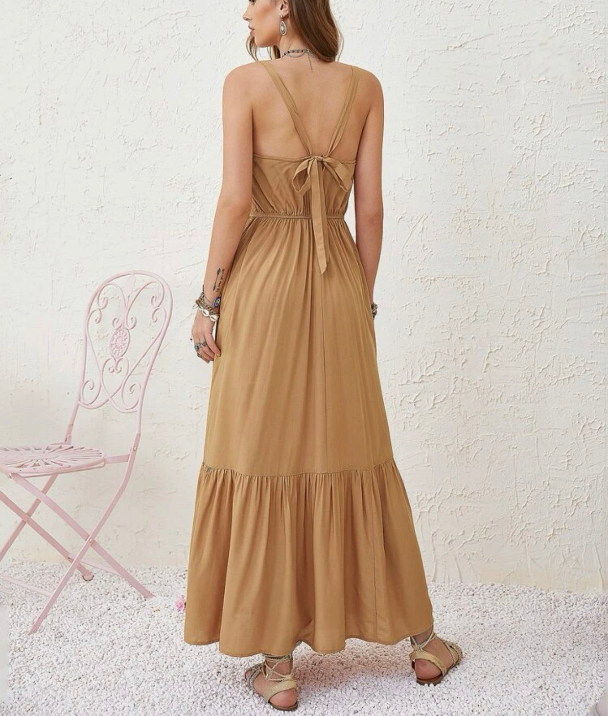 Contrast lace tie backless hem dress