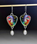 Colorful abstract design face with pearl decor dangle earrings