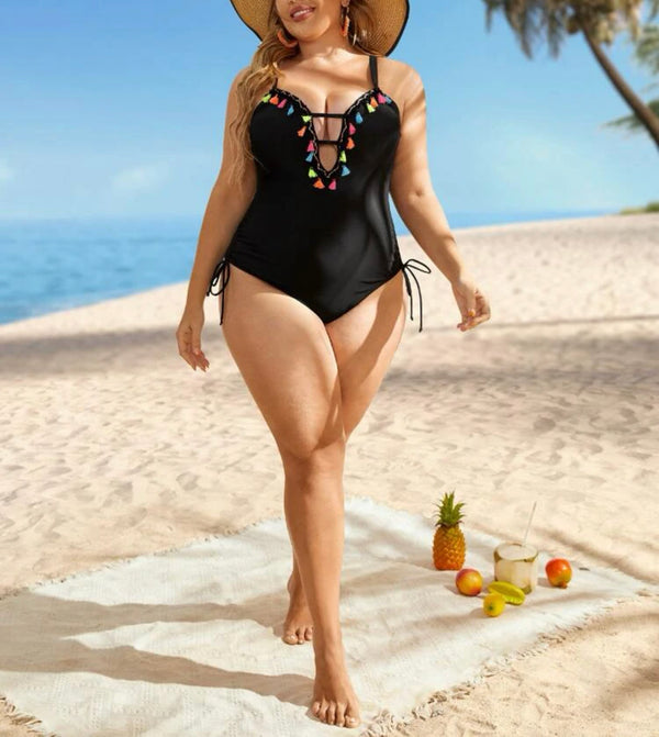 Curve & plus tassel cut out drawstring side one piece swimsuit