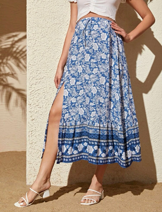 Maternity knot waist high split tropical print skirt