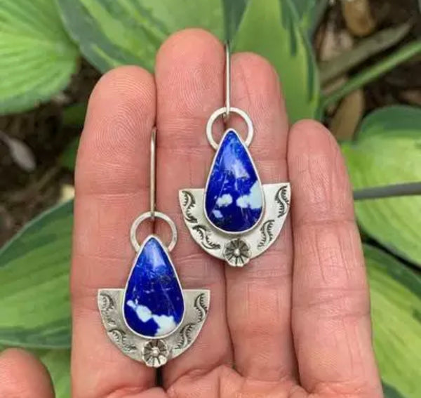 Electroplated platinum lapis lazuli bohemian dangle earrings - Christina’s unique boutique LLC
