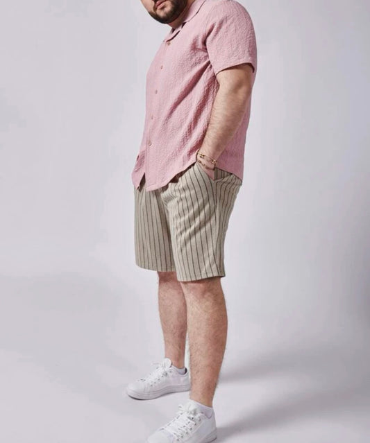 Extended sizes textured lapel neck blouse & striped print shorts