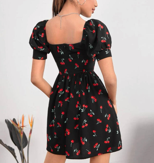 Petite cherry print ruched bust A-line dress