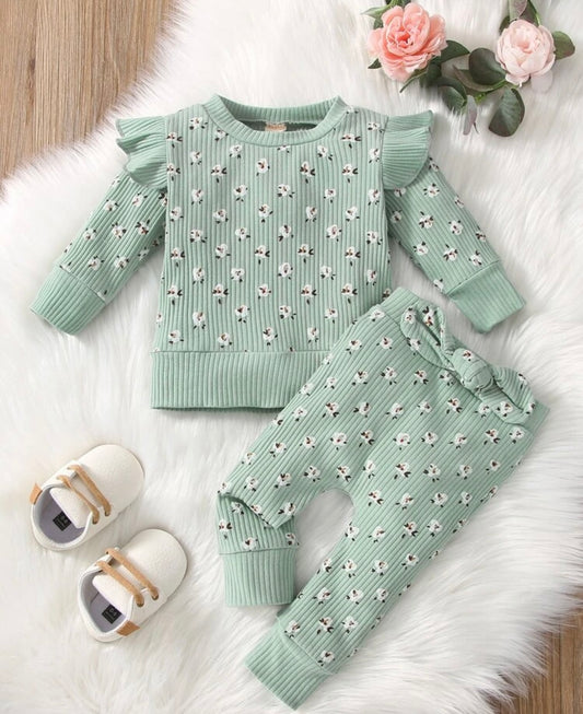 Floral Print Ruffle Trim Sweatshirt & Bow Front Pants