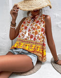 Floral print tie neck sleeveless blouse