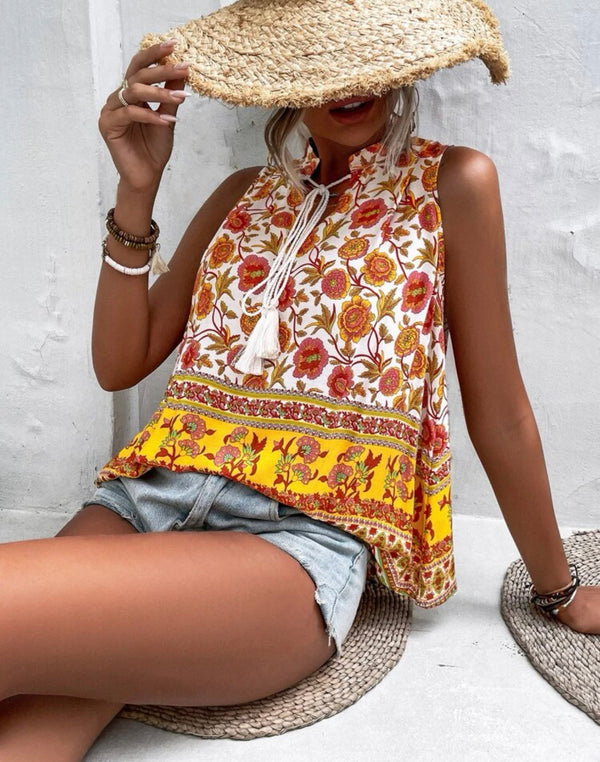 Floral print tie neck sleeveless blouse