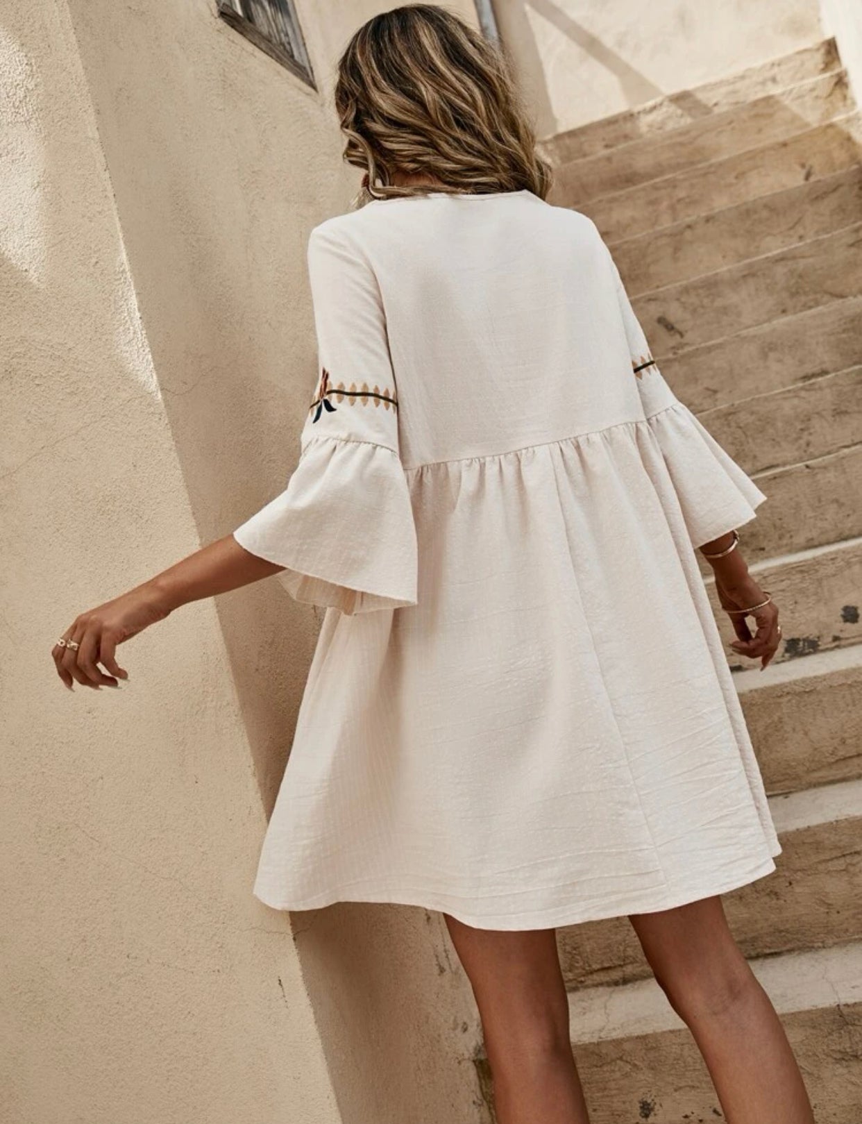 Floral embroidered trumpet sleeve smock dress