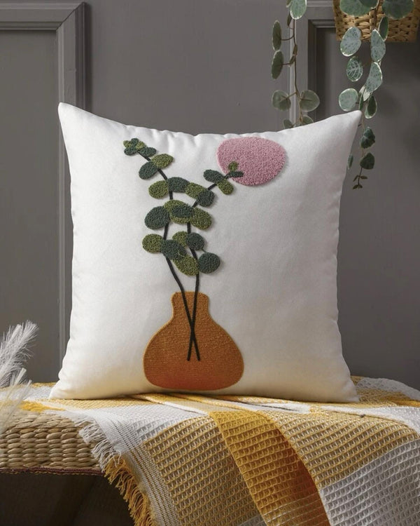 Plant embroidered cushion cover with filler