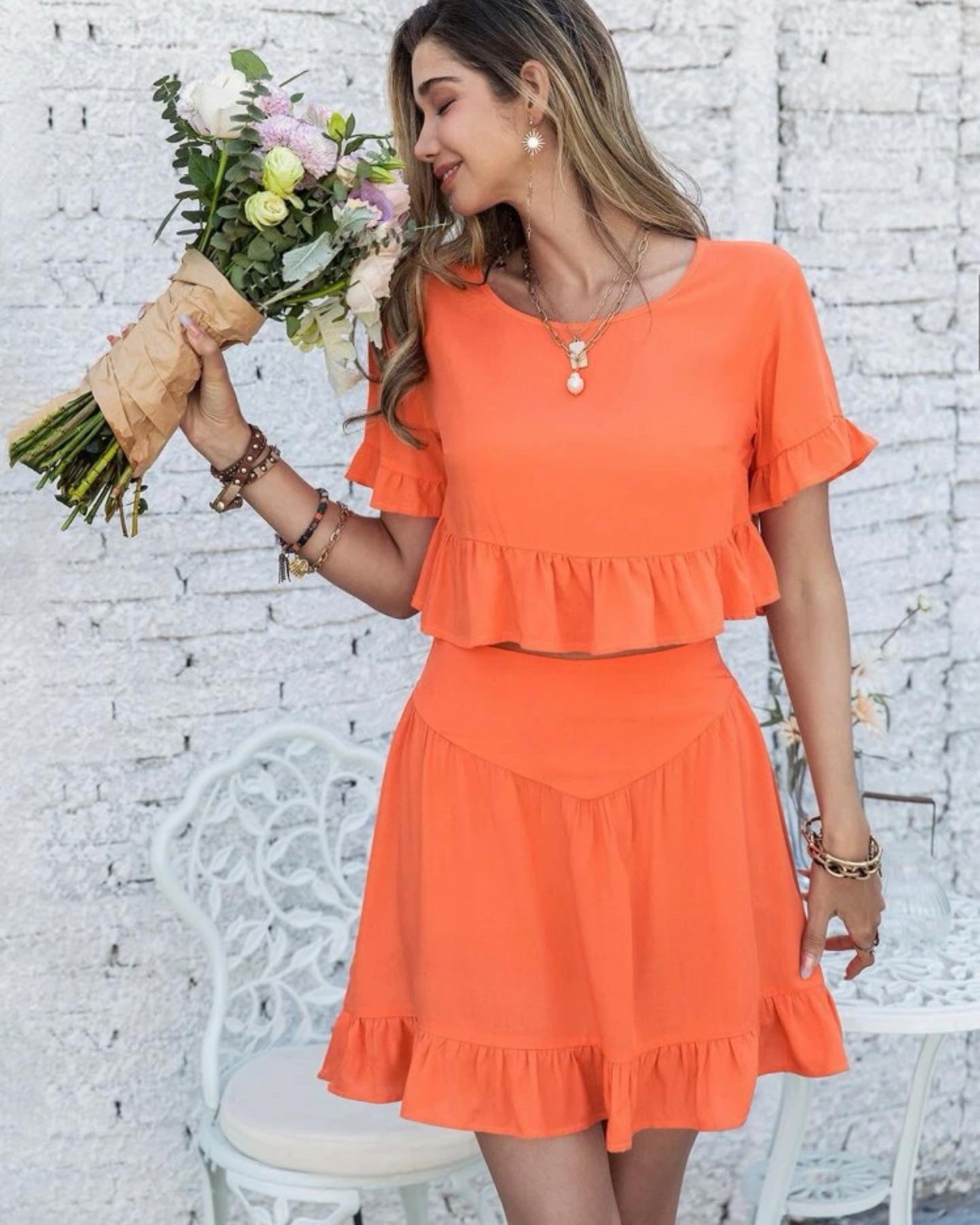 Flounce sleeve ruffle hem crop top & skirt set