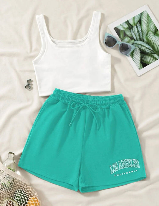 Tank top & letter graphic drawstring waist shorts