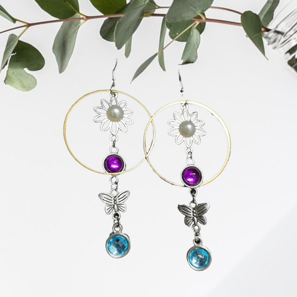 New Vintage Two Tone Purple & Blue   Stone Tassel Earrings