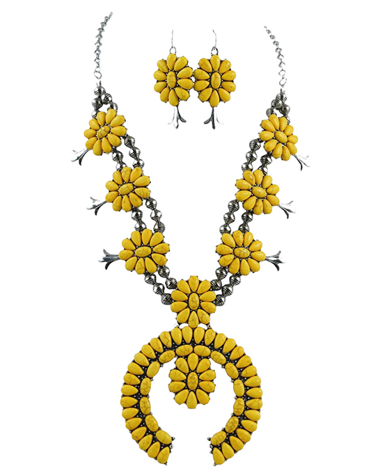 Yellow Chunky Western Turquoise Squash Blossom Statement Necklace and Earrings Set