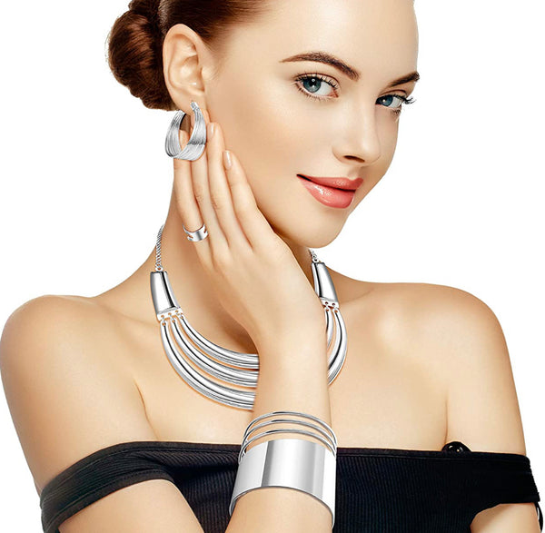 Bib Choker Necklace for Women Wide Cuff Bangle Bracelet Open Hoop Earrings Adjustable Ring Chunky Statement Costume Jewelry Set