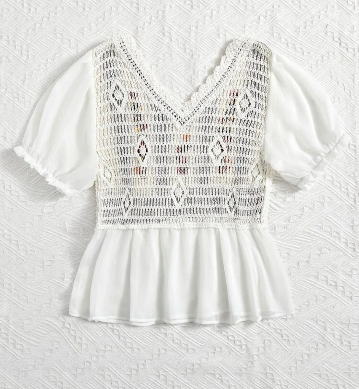 Floral embroidered puff sleeve peplum schiffy blouse