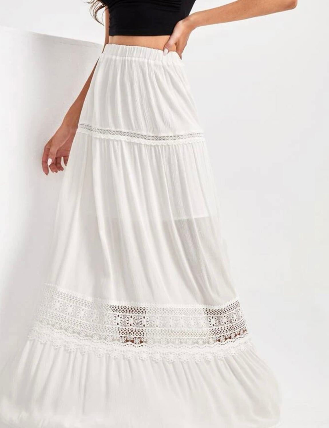 Tall high waist guipure lace insert ruffle hem skirt