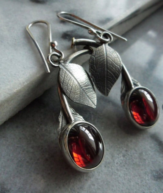 Red stone cherry decor silver plated earrings - Christina’s unique boutique LLC