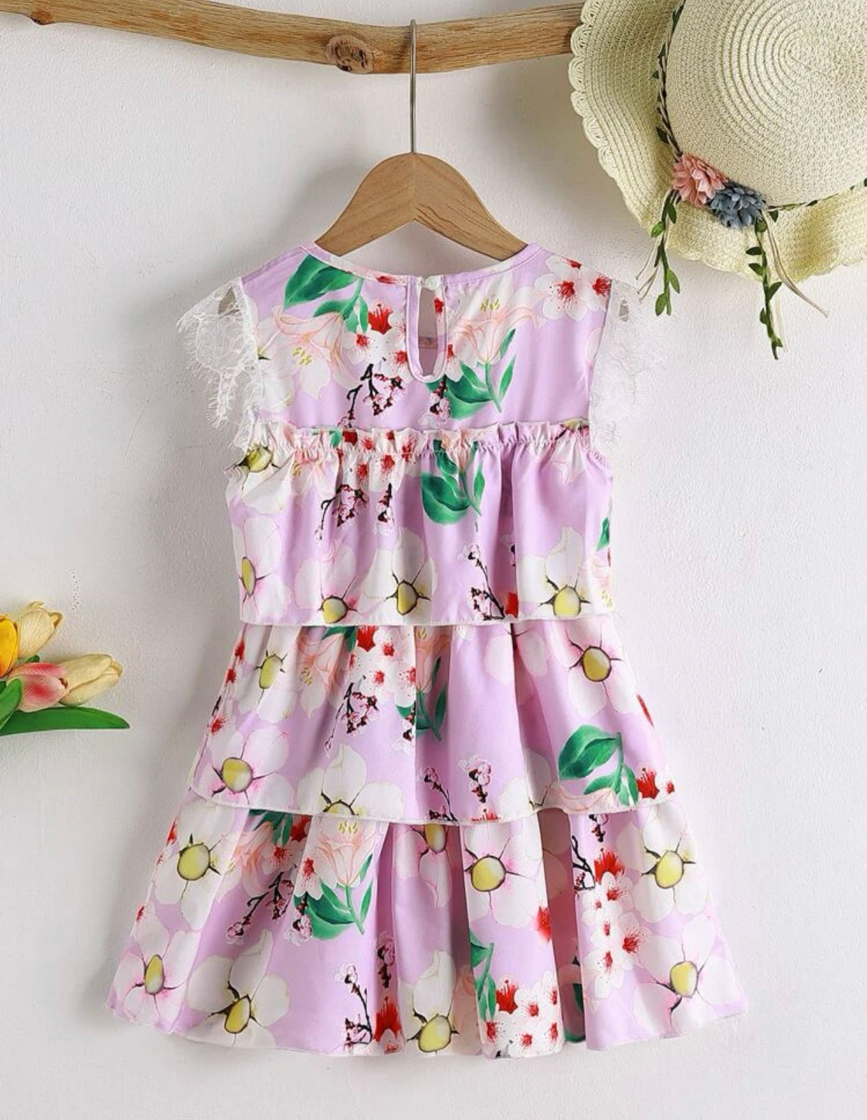 Toddler girls floral print lace panel layered hem dress