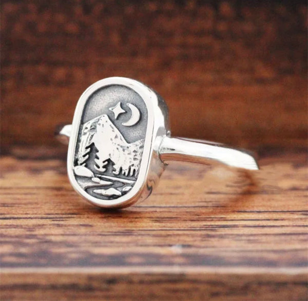Bohemia Style Texture Mountain Forest River Star Moon Ring. Size 8.