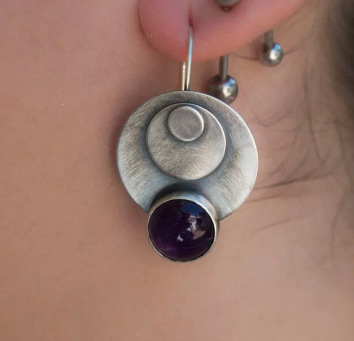 Retro Round Metal Purple Stone Drop Earrings