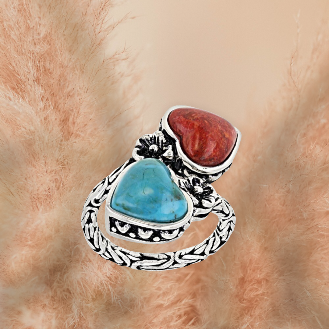 Vintage inspired coral and turquoise decor statement ring. Size 8.