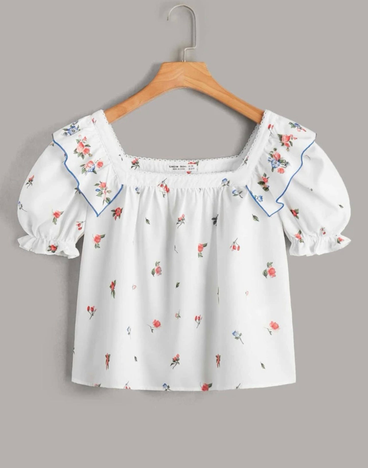 Teen Girls Floral Print Ruffle Trim Puff Sleeve Blouse
